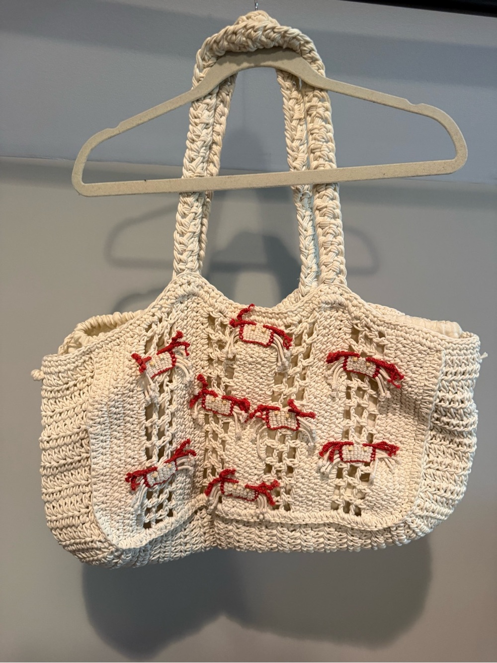 Handwoven Cream Crochet Tote with Red Accent Embroidery